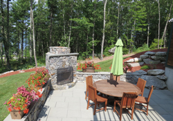 The patio of Meredith Bay’s custom home model, The Timber