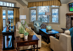A lakeview living room in a townhome at Meredith Bay.